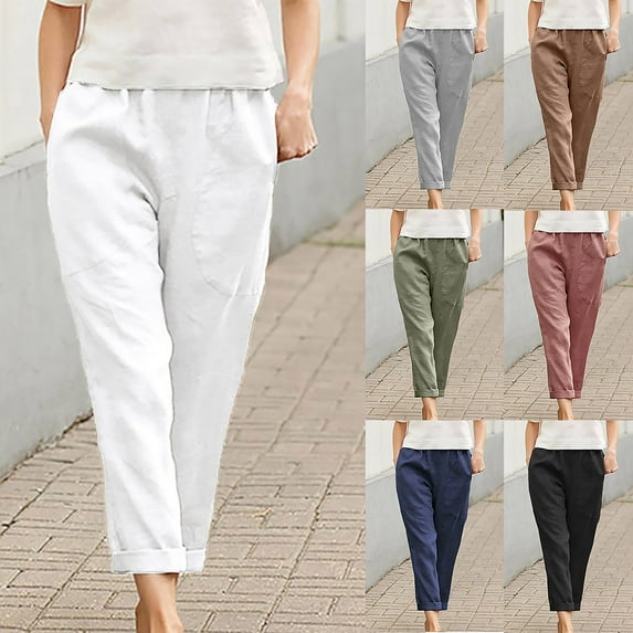 Under $15 Yteetum Elastic Waist Pants for Women Casual Solid Color Large Pockets Pants Ladies Comfortable Lightweight Cotton Linen Straight Leg Lounge Pants M