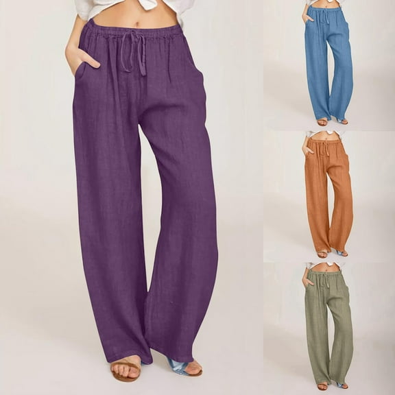 Under $15 Yteetum Loose Pants for Womens Cotton Linen Wide Leg Straight Leg Long Pants Ladies Loose Solid Drawstring Elastic High Waist Long Pants With Pocket M