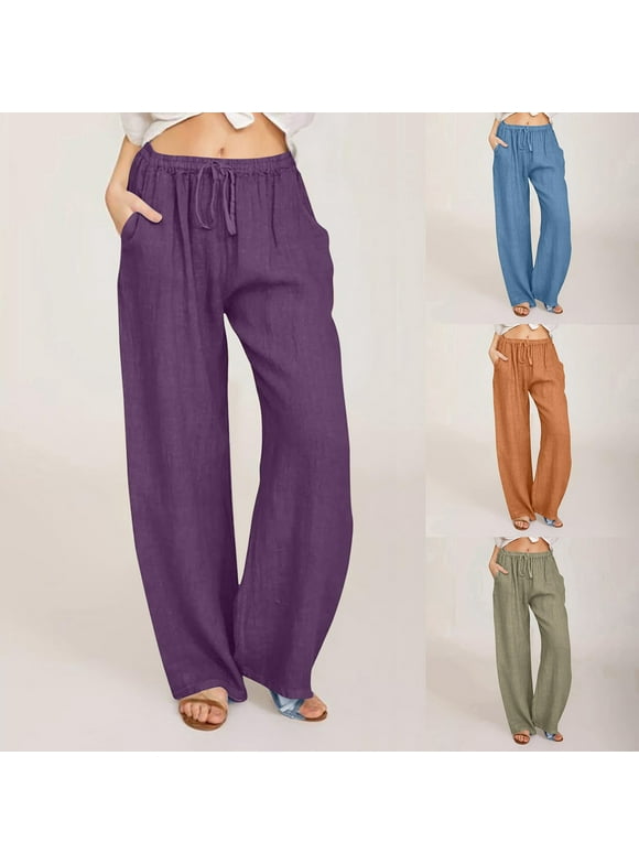 Under $15 Yteetum Loose Pants for Womens Cotton Linen Wide Leg Straight Leg Long Pants Ladies Loose Solid Drawstring Elastic High Waist Long Pants With Pocket M