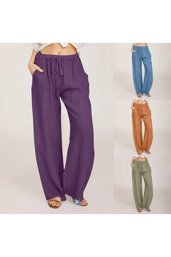Under $15 Yteetum Loose Pants for Womens Cotton Linen Wide Leg Straight Leg Long Pants Ladies Loose Solid Drawstring Elastic High Waist Long Pants With Pocket M
