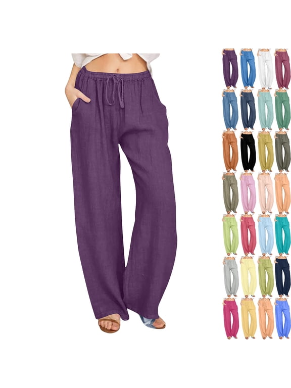 Under $15 Yteetum Loose Pants for Womens Cotton Linen Wide Leg Straight Leg Long Pants Ladies Loose Solid Drawstring Elastic High Waist Long Pants With Pocket M