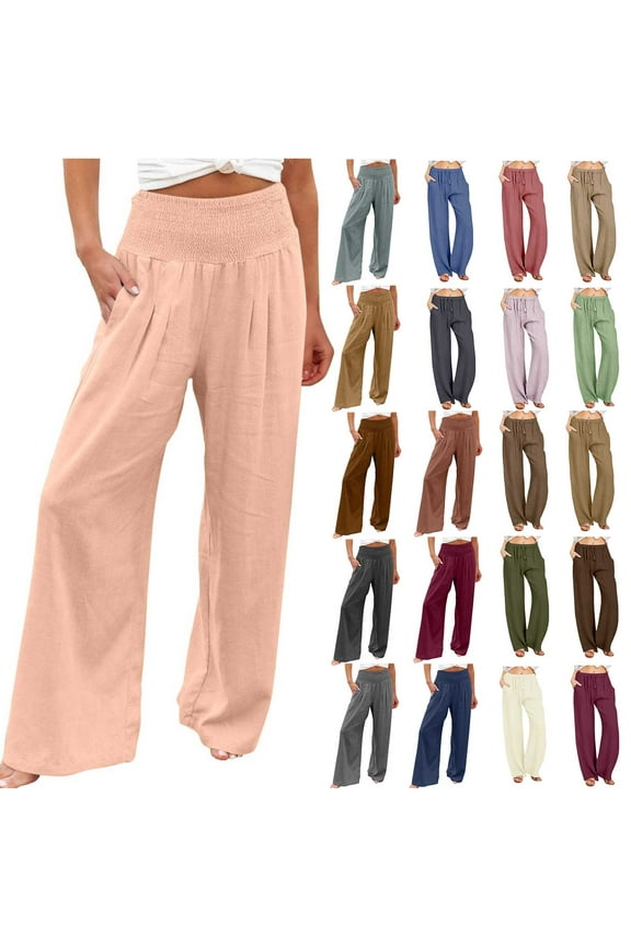 Under $15 Yteetum Womens Wide Leg Pants Summer Loose High Waist Straight Leg Pants Ladies Casual Comfy Stretch Breathable Running Workout Lounge Pants L