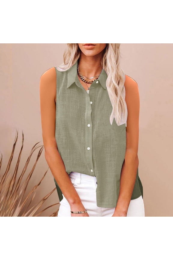 $15 & under POROPL Womens Tops Button up Lace Tops Cotton Sleeveless Swing Shirt Loose Blouse Army Green Size S-2XL