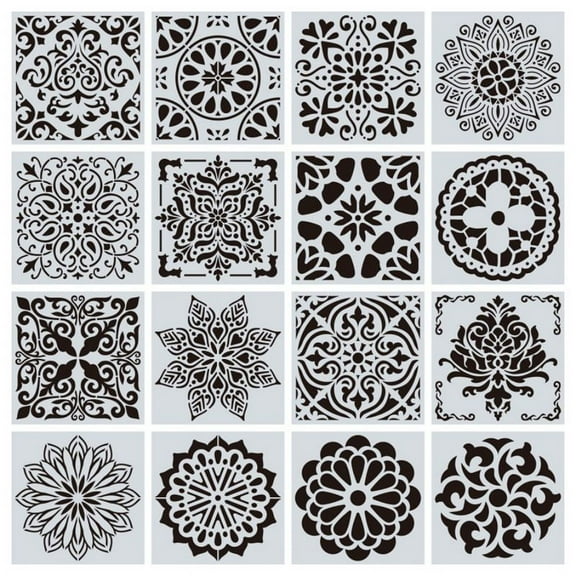 Clearance! 16Pcs Reusable StencilS Cut Painting Template Floor Wall Tile Fabric Furniture Stencils Mandala Painting Stencils for DIY Rock Painting Art Projects