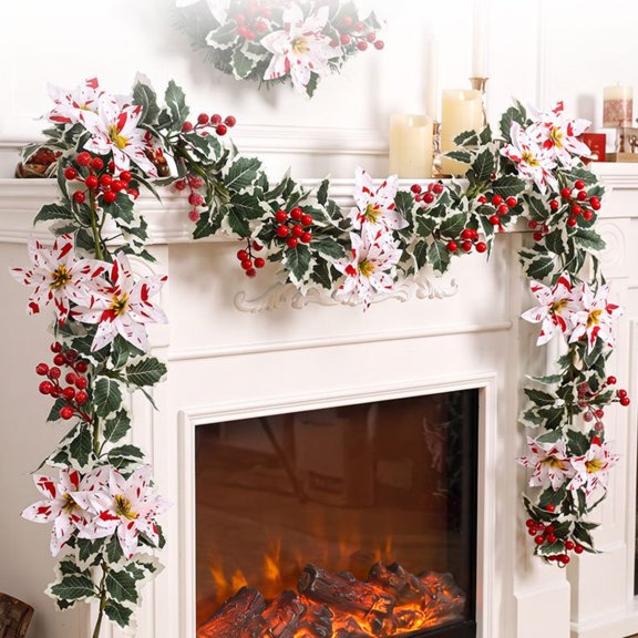 Clearance! 175CM 5.7FT Christmas Poinsettia Red Berry Garland, Red White Bloom Artificial Pine Vine, Festive Holiday Mantel Wall Door Decor