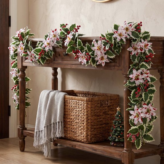 Clearance! 175CM 5.7FT Christmas Poinsettia Red Berry Garland, Red White Bloom Artificial Pine Vine, Festive Holiday Mantel Wall Door Decor