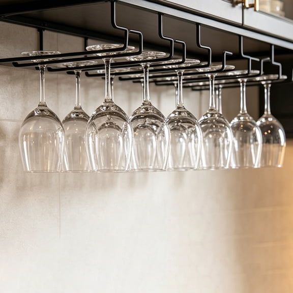 Clearance Under $18, 1 Pack 3-Slot Under Cabinet Wine Glass Rack, Black Metal Hanging Stemware Holder, Space-Saving Bar and Kitchen Storage Organizer, (A)