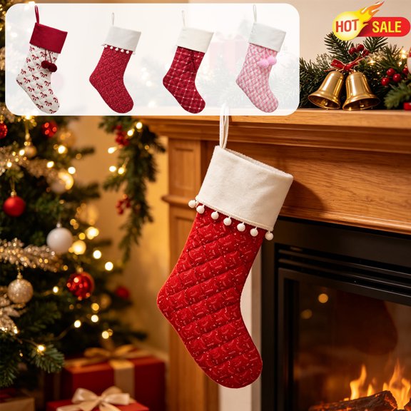 Clearance! 18 Inch Quilted Christmas Stockings, Soft Fabric Xmas Stockings with Pom Pom Trim, Large Hanging Gift Socks for Fireplace Mantel Christmas Tree Holiday Home Party Decor