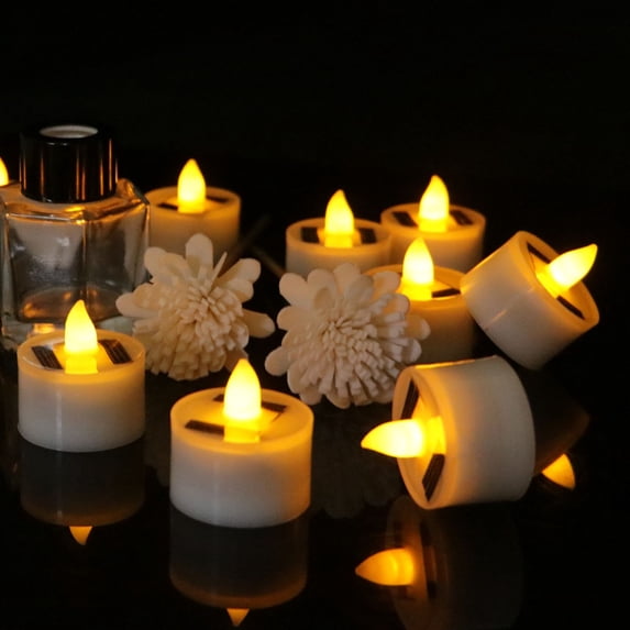 18 PCS Solar Flameless Tealight Candles,LED Flickering Fake Candle,Realistic Flickering Candles for Votive or Decor in Christmas, Halloween,Wedding, Home Decor,Warm White Light Flashes