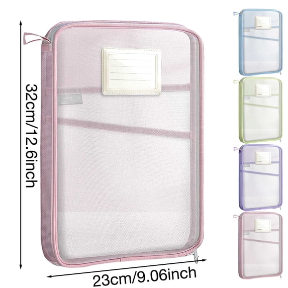 Clearance Under $2.09! 1PC Mesh Zipper File Bag, Large Capacity L-Shaped Pouch for Stationery & Documents, Nylon, for Office & Study, (32x23x4cm, Pink)