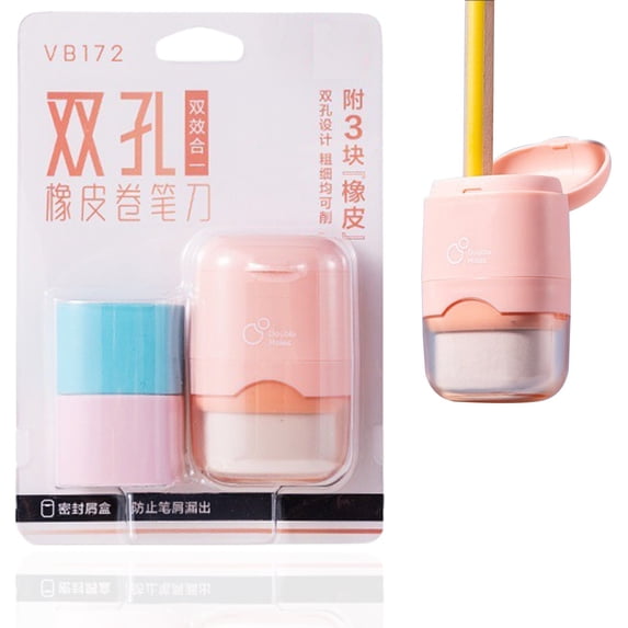Clearance 2 In 1 Double Hole Pencil Sharpener with Replaceable Eraser, Portable Pencil Cutter Handheld Pencil Sharpener with Lid for Class Learning, Office & Home Use