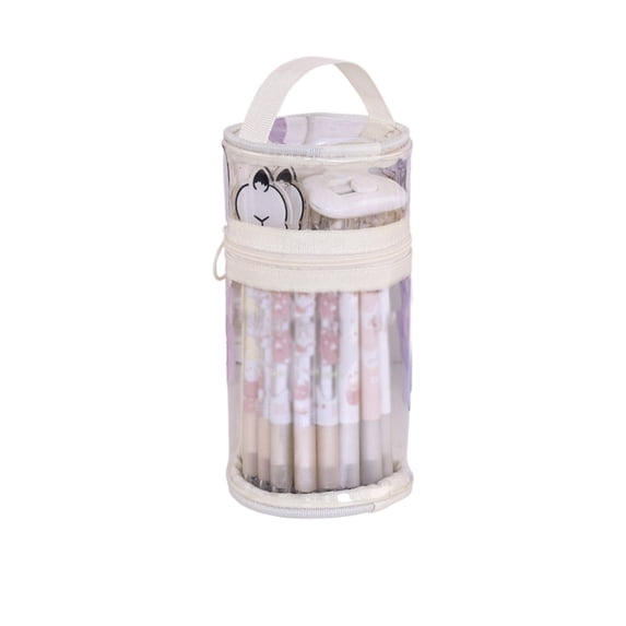 Clearance Under $2, 1 Pack Clear Pencil Case or Makeup Bag, Large Capacity Cylindrical Pouch, Exam-Approved Stationery Organizer with Handle, 17.5*9cm(C)
