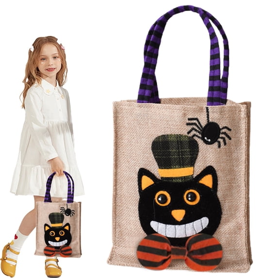 Clearance Under $2, 1 Pack Halloween Treat Bag, Reusable Burlap Candy Tote, Witch Design Goodie Bag with Handles, Holiday Party Favor Bag, One Size(B)