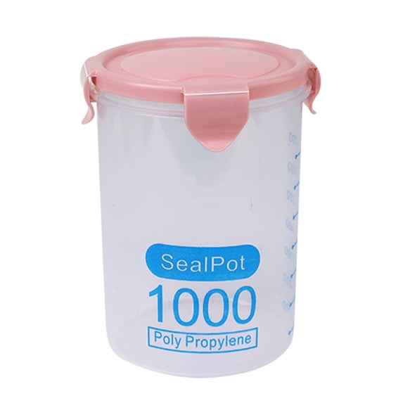 Clearance Under $2, 1 Pack Measured Airtight Grain Storage Jar, Leakproof Snap Lock Canister, Clear Container with Pour Spout for Dry Kitchen Pantry Organization, 1000ml(Pink)