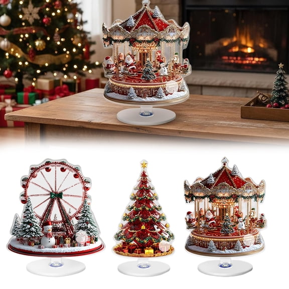 Clearance Under $2, 3 Pack Rotating Christmas Centerpiece, 2D Flat Acrylic Ferris Wheel Tree Decor, 360 Spinning Village Accessories for Tabletop Display(Red)