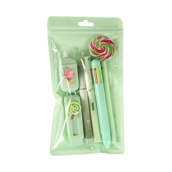 Clearance Under $2, 6 Piece Kawaii Stationery Set, Cute Office & Craft Kit in Resealable Bag with Correction Tape, Cutter, Highlighter, and Pens, Plastic, 18x11x1cm(B)