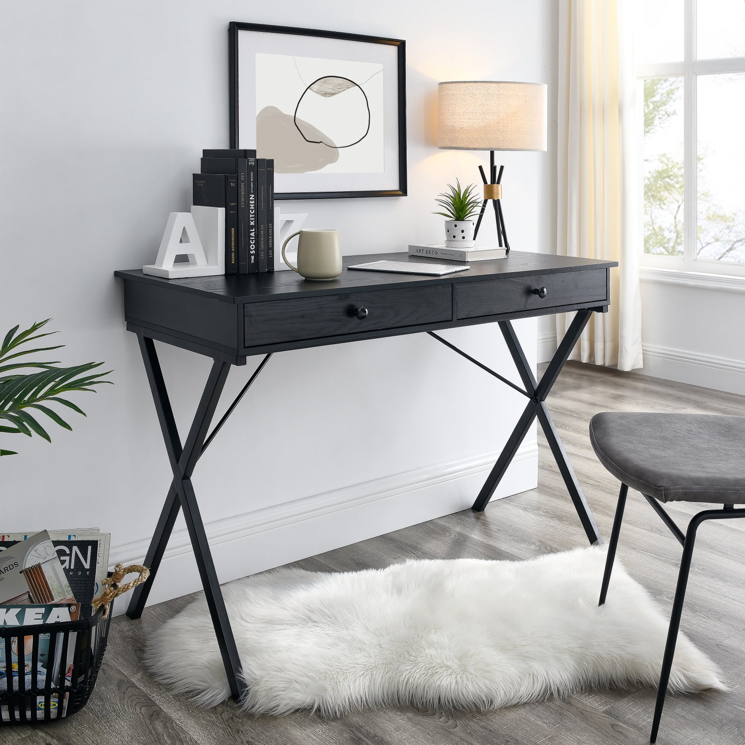 Clearance 2 Drawers Writing Desk with Black Stoving Varnsih Steel Frame MDF Table Top