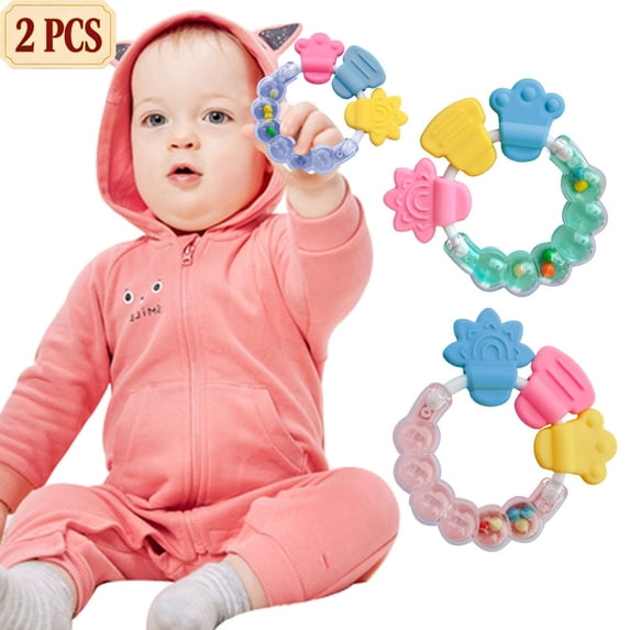 Clearance!2 Pack Baby Rattle Ring Toy, Multifunctional Hand Shaker Rattle, Early Developmental Sensory Educational Toy for 0-3 3-6 6-12 Months Newborn Boys Girls, Baby Shower Gift,Stocking Stuffer