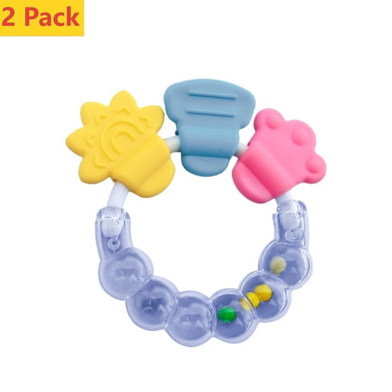 Clearance! 2 Pack Baby Rattle Teether Ring Toys, 0-12 Months Infant Multifunctional Sensory Teething Rattle Toy, Soft Chewable Teether with Shaking Beads, Newborn Baby Shower Gift for Boys Girls