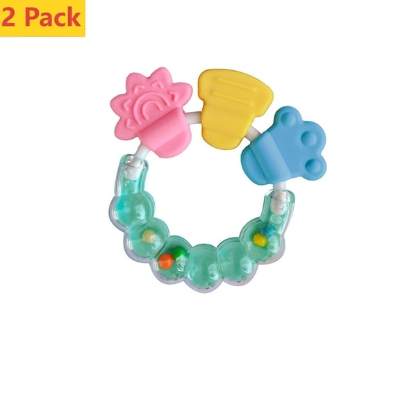 Clearance! 2 Pack Baby Rattle Teether Ring Toys, 0-12 Months Infant Multifunctional Sensory Teething Rattle Toy, Soft Chewable Teether with Shaking Beads, Newborn Baby Shower Gift for Boys Girls