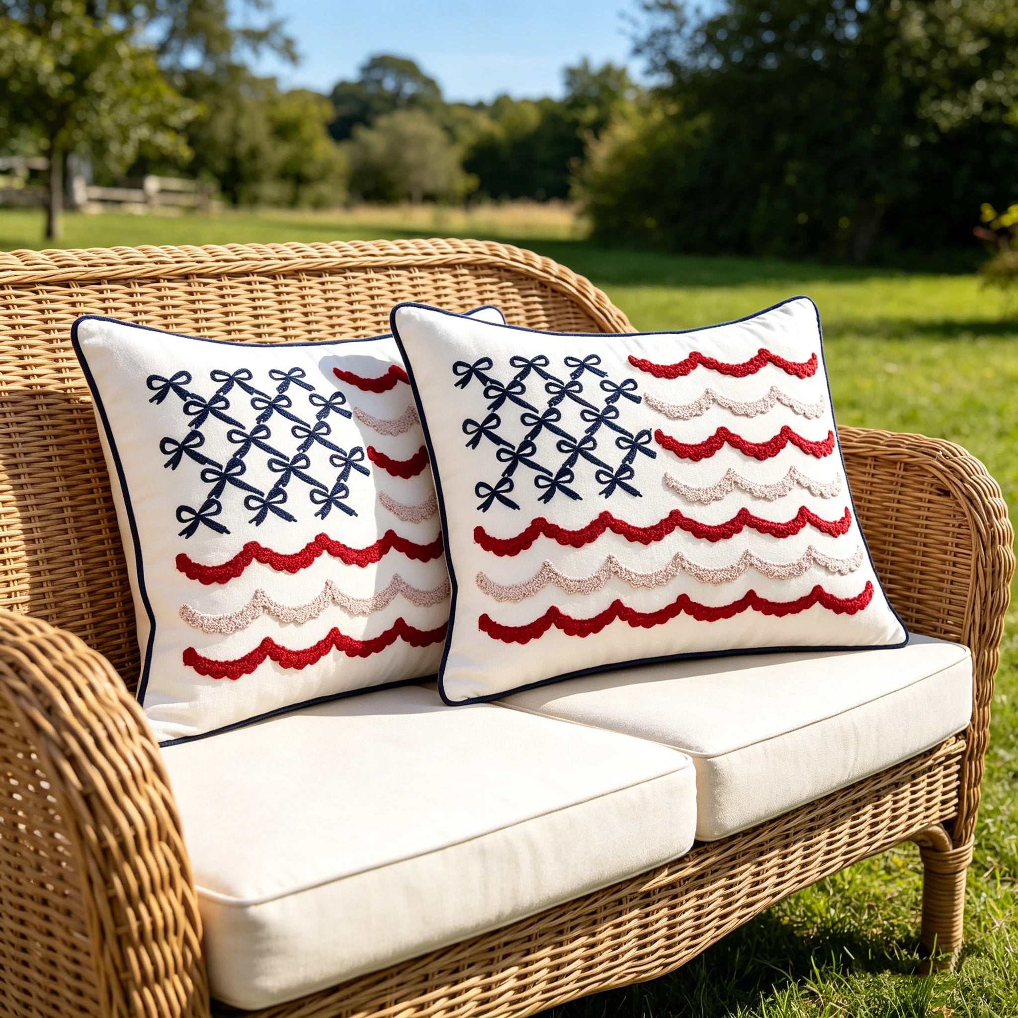 Clearance! 2 Pack USA Bow Flag Pillow, 4th of July Red White Blue Decorative Pillow, 20" x 14", Independence Day Embroidered Patriotic Lumbar Pillow Decor, Gift for Mom Dad Friend Family