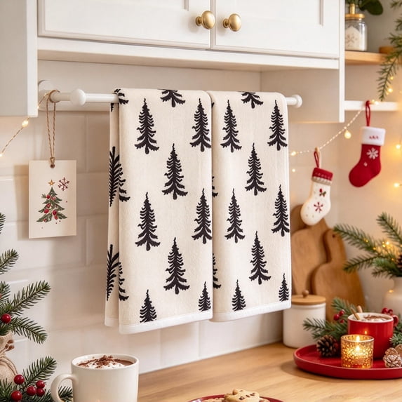 Clearance 2 Pcs Christmas Tree Hand Towels, Soft Xmas Tree Patterns Towels, Winter for Bathroom Kitchen, Holiday Decorative Bath Dish Towels Set for Decor, Drying, Cleaning, Cooking