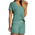 thumbnail image 1 of 2 Piece Outfits for Women Summer Short Sleeve V-Neck Blouses & Shirts Sets 2PC Women's V Neck Shorts Sleeve Two-piece Comfortable Home Pajamas Set Sports Set Women Outfits Green-2 xl, 1 of 5