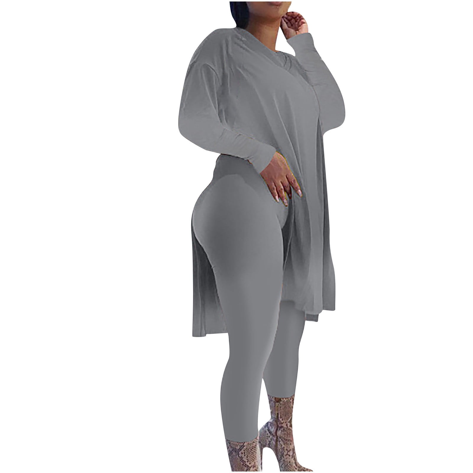 Clearance 2 Piece Outfits for Women Plus Size Solid V Neck Long Sleeve Side  Split Loose Tops Straight Leg Pants Casual Outfits(3X-Large,Gray A) 