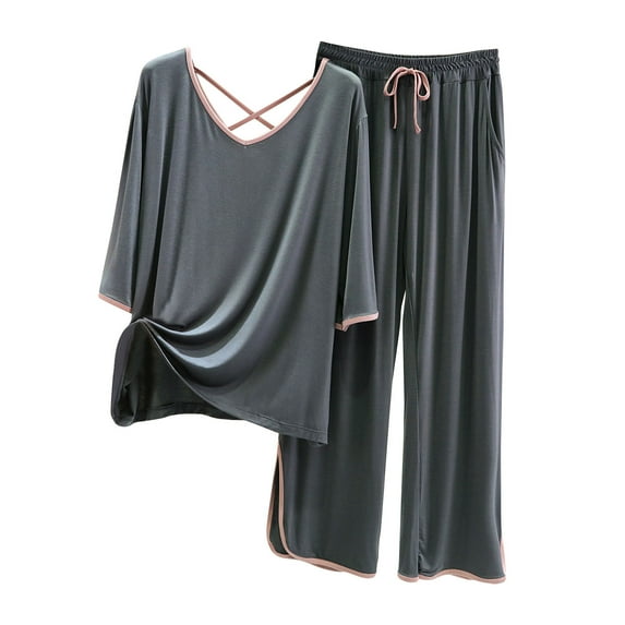 Clearance 2 Piece Pajamas Sets Women Soft Cotton Half Sleeve V Neck Tops Drawstring Wide Leg Pants Solid Drape Stretchy Sleepwear Pjs