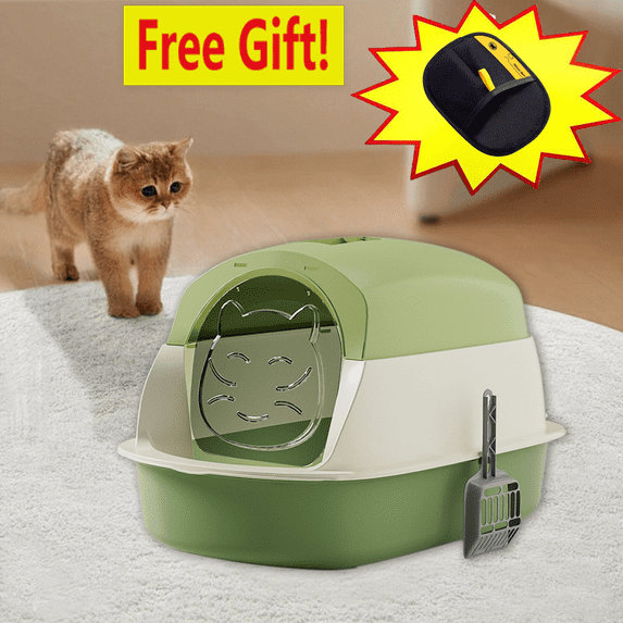 Cat Litter Box Cat Litter Tray with Lid, Detachable Hooded Enclosed Litter Pan Cat Toilet Cat Litter Tray for Home Living Room(Green B)