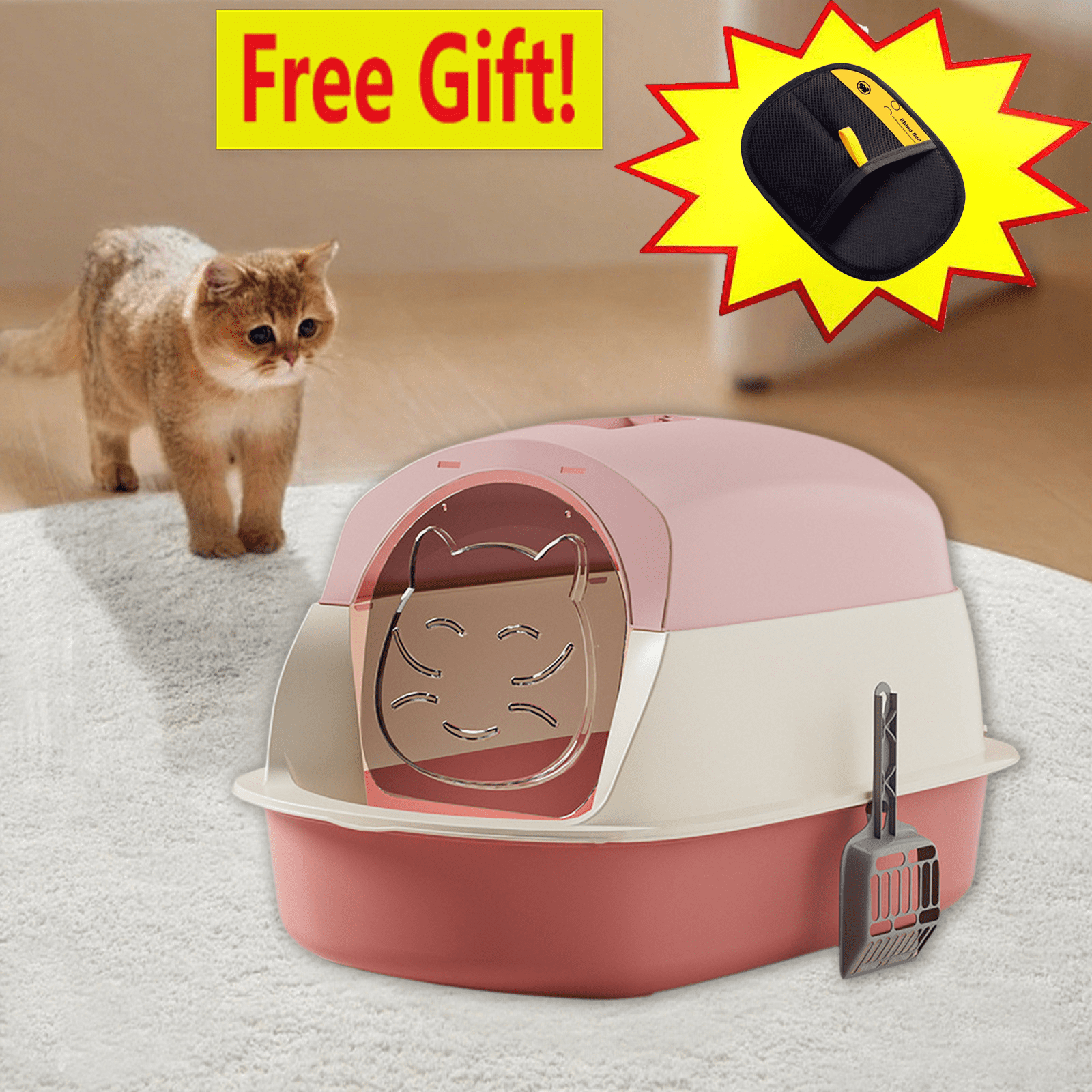 Cat Litter Box Cat Litter Tray with Lid, Detachable Hooded Enclosed Litter Pan Cat Toilet Cat Litter Tray for Home Living Room(Pink B)