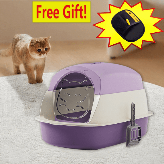 Clearance Under $20 Cat Litter Box Cat Litter Tray with Lid, Detachable Hooded Enclosed Litter Pan Cat Toilet Cat Litter Tray for Home Living Room(Purple B)