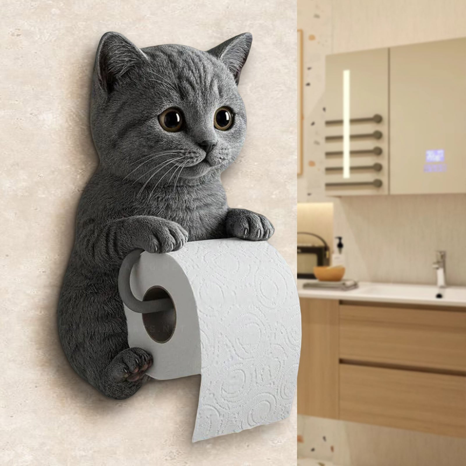 Cat Paper Holder - Funny 3D Resin Cat Toilet Paper Roll Holder, Wall Mount Bathroom Tissue Roll Storage, Unique Cats Lover Gifts(E)