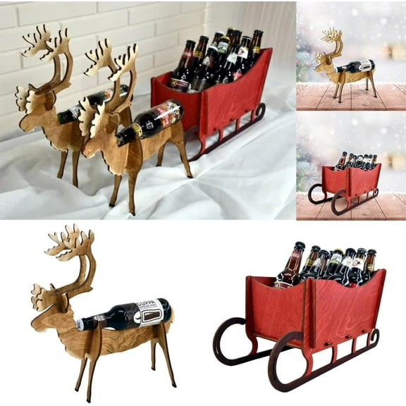 JKLOP Christmas Reindeer Wine Bottle Holder Reindeer and Sleigh Wine Rack Display Stand Table Top and Counter Wine Rack for Christmas Holiday for Home & Kitchen