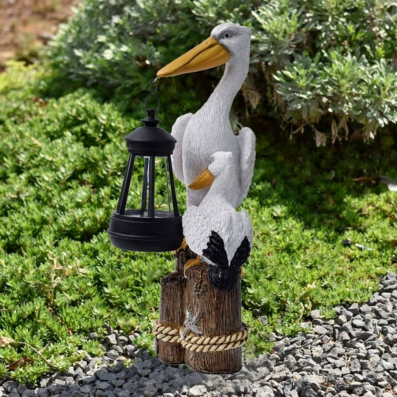 Solar Animal Statues with Lantern Resin Seabird Pelican Figurine Standing on a Tree Stump with Solar LED Light, Mediterranean Style Sculptures for Porch Patio Balcony Yard Decor(C)