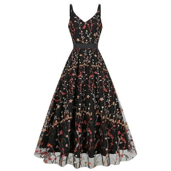 Women Sleeveless Cocktail Dresses 2023 Floral Embroidery Dress Sheer Mesh Party Evening Gown Vintage Swing Dress Wedding Guest Prom Tulle A-Line Dress