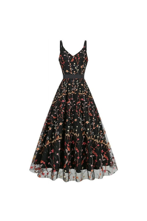 Women Sleeveless Cocktail Dresses 2023 Floral Embroidery Dress Sheer Mesh Party Evening Gown Vintage Swing Dress Wedding Guest Prom Tulle A-Line Dress