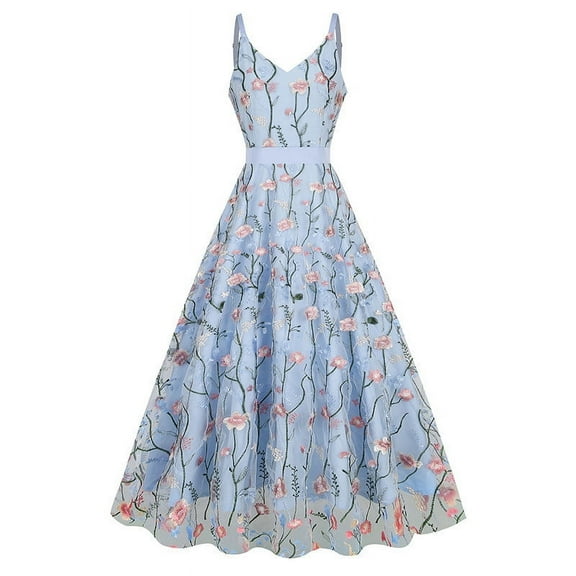 Women Sleeveless Cocktail Dresses 2023 Floral Embroidery Dress Sheer Mesh Party Evening Gown Vintage Swing Dress Wedding Guest Prom Tulle A-Line Dress