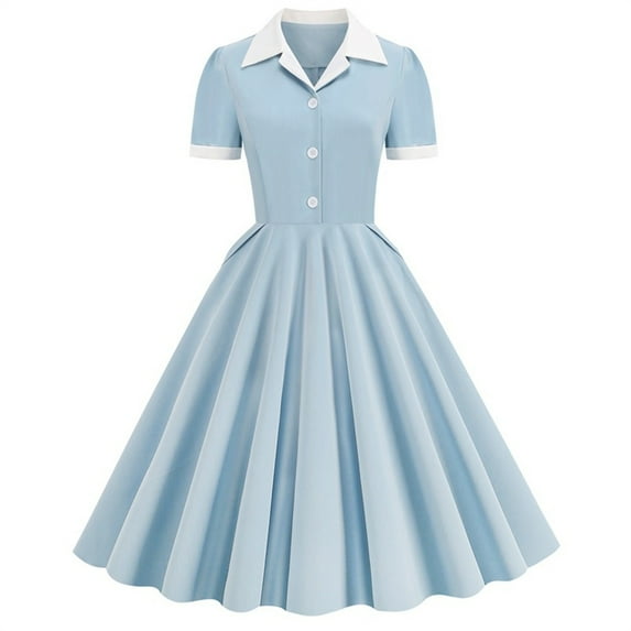 qolati Cocktail Dreeses 2024 Short Sleeve Tie Neck Vintage Wedding Party Midi Dress Buttons Down 50s Flared A-Line Casual Office Work Prom Swing Dress