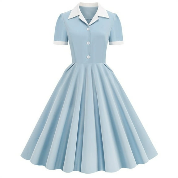 qolati Cocktail Dreeses 2024 Short Sleeve Tie Neck Vintage Wedding Party Midi Dress Buttons Down 50s Flared A-Line Casual Office Work Prom Swing Dress