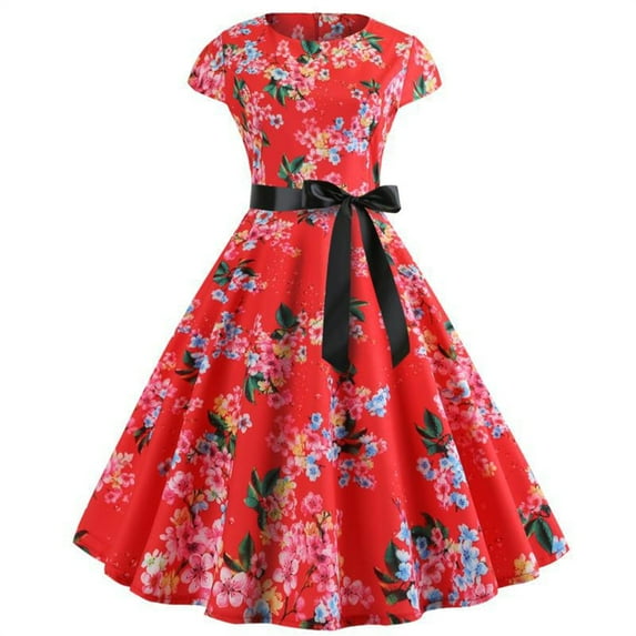 qolati Cocktail Dresses for Women 1950s Retro Vintage Cap Sleeve Evening Party Pleated Swing Midi Dress Elegant Floral Print Bowknot High Waist Prom Rockabilly Dresses