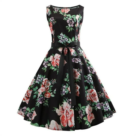 qolati Cocktail Dresses for Women 1950s Retro Vintage Cap Sleeve Evening Party Pleated Swing Midi Dress Elegant Floral Print High Waist Bowknot Prom Rockabilly Dresses