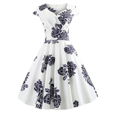 qolati Cocktail Dresses for Women 1950s Retro Vintage Cap Sleeve Evening Party Pleated Swing Midi Dress Elegant Floral Print High Waist Prom Rockabilly Dresses