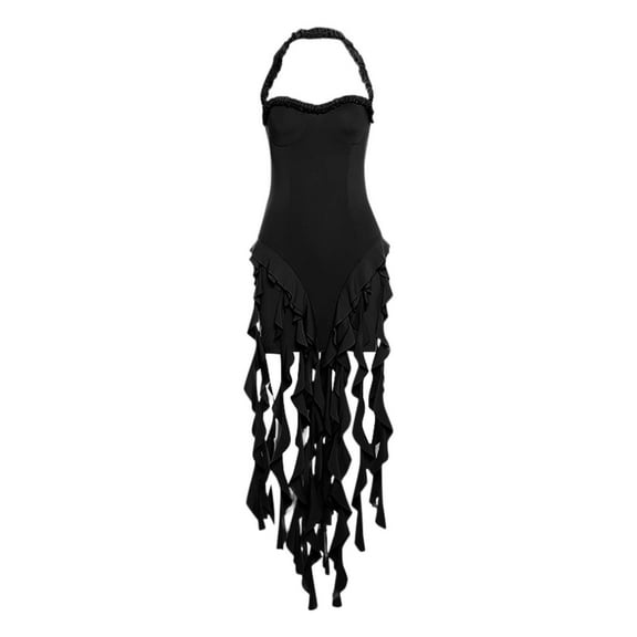 qolati Cocktail Dresses for Women 2025 Halter Neck Y2k Ruffle Dress Strapless Split Thigh Ruched Bodycon Midi Tube Dress Formal Summer Party Dress
