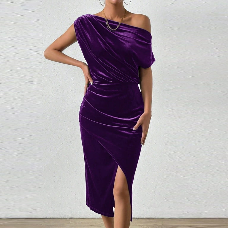 Qolati Cocktail Dresses for Women Off The Shoulder Vintage Velvet Bodycon Midi Dress Ruched Wrap Slit Elegant Party Evening Gown Wedding Guest Dress