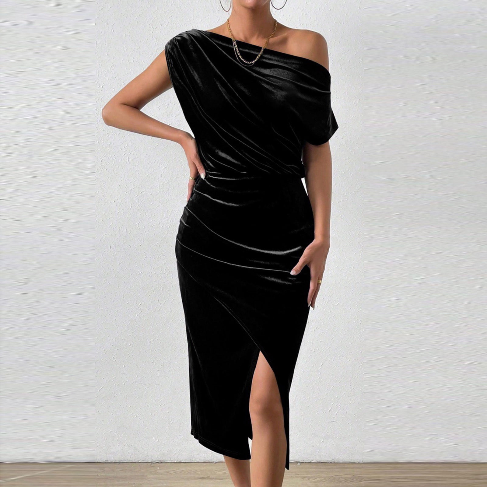 Date Night Dresses - Velvet Off-Shoulder Ruched Midi