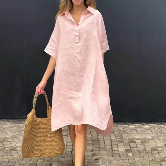 qolati Cotton Linen Shirts Dresses for Women Plus Size Short Sleeve V Neck Button Down Blouse Tshirts Midi Dress Casual Irregular Hem Flowy A Line Summer Sundresses with Pockets