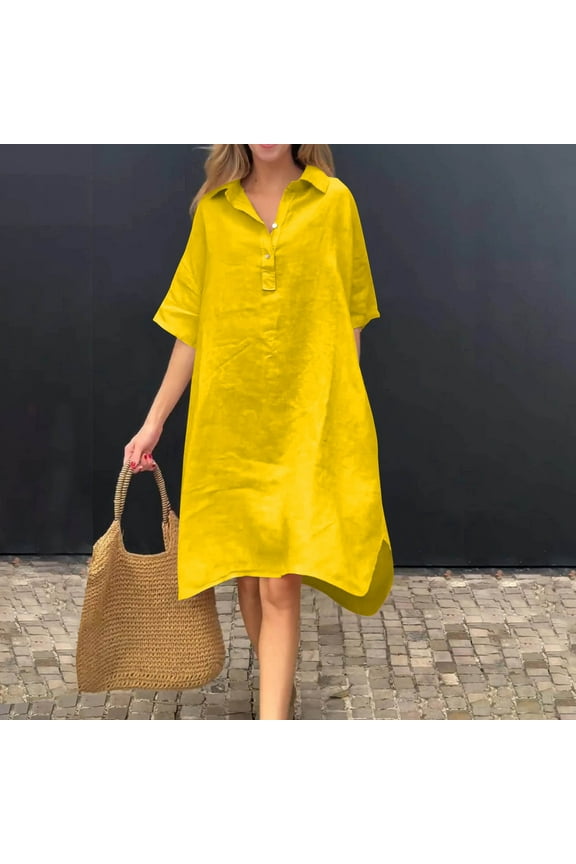 Cotton Linen Shirts Dresses for Women Plus Size Short Sleeve V Neck Button Down Blouse Tshirts Midi Dress Casual Irregular Hem Flowy A Line Summer Sundresses with Pockets