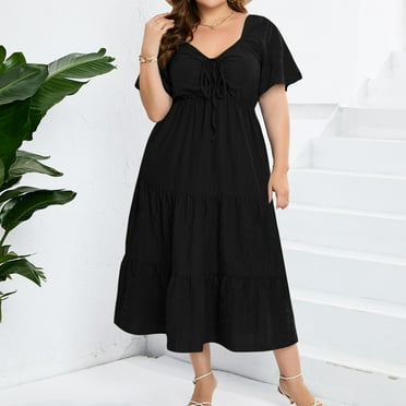 qolati Plus Size Dresses for Curvy Women 2024 Summer Sweethearts Neck Puff Short Sleeve Beach Sundress Elegant Tie Front Boho Tiered Ruffle Swing A Line Midi Dress