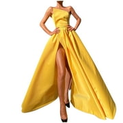 qolati Satin Bridesmaid Dresses for Women Mermaid Prom Dresses 2024 Long with Slit One Shoulder Ball Gowns for Women Formal Wedding Dress Yellow XXL 12